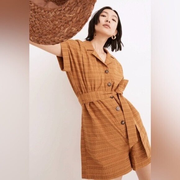 NWT MADEWELL Petite Seersucker Camp Romper - Picture 1 of 7